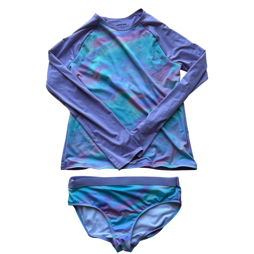Lands End Girls Purple Blue Marble Rash Guard Bikini Swim Set Size 16 521403